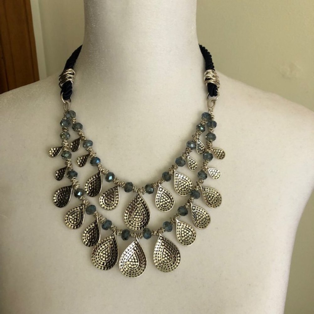 VINEYARD HAVEN Statement 2 Strand Silvertone/Blue Rope Necklace NWT